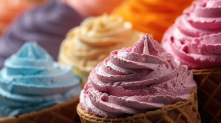 Ice cream cones in various flavors, close up. Creative summer banner. Created with Generative AIの素材