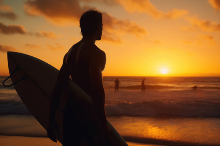 Beautiful surfer holds surfboard standing on sea beach ar sunset. Active lifestyle. Summer vacations. Created with Generative AIの素材