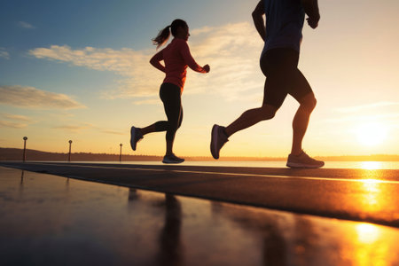 Active couple running together at sunset. Male and female athletes running at street. Active lifestyle. Created with Generative AIの素材