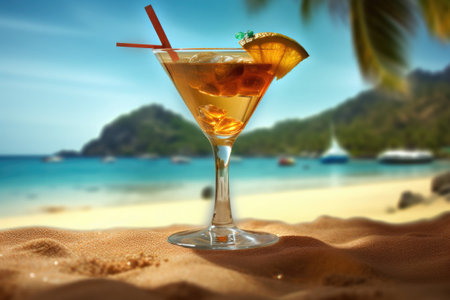 Refreshment tropical cocktail at sea beach. Background for summer vacation and holidays. Created with Generative AIの素材