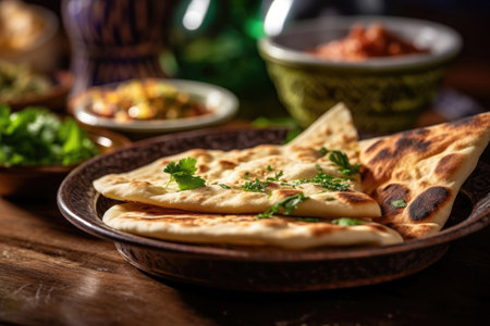 Indian naan bread in plate. Flatbread with parsley and spices. Indian cuisine. Created with Generative AIの素材