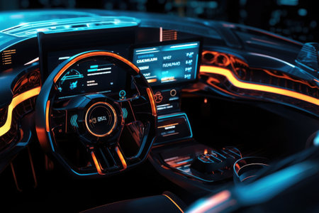 Futuristic interior of luxury car. Car cockpit with digital dashboard without driver. Created with Generative AIの素材
