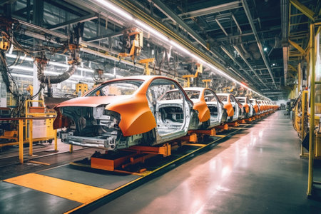 Car factory with robotic arms at assembly line. Automated vehicle conveyor welding car frames. Created with Generative AIの素材
