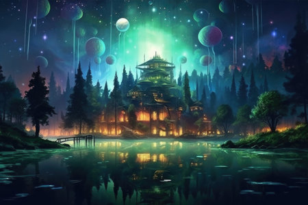 Fantasy landscape with magic forest at night. Fairy tale magic world. Nature background. Created with Generative AIの素材