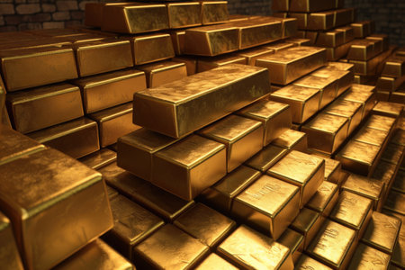 Stack of gold bars in vault. Finance and economics concept. Created with Generative AIの素材