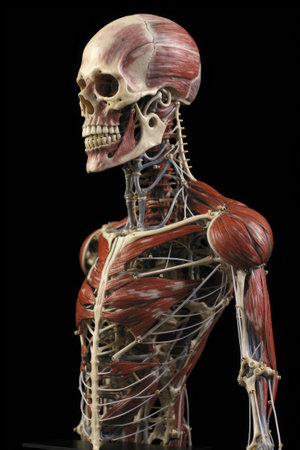 Anatomical model of human body with muscular and circulatory systems. Skeleton on dark background. Created with Generative AIの素材