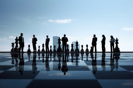 Business team silhouettes on dark background. Business development and teamwork concept. Created with Generative AIの素材