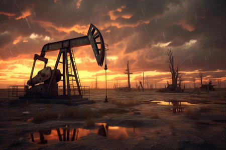 Silhouette of oil pumps at sunset. Pumping oil from drilling rigs. The concept of the energy crisis in the world. Oil production and fossil resources. Created with Generative AIの素材