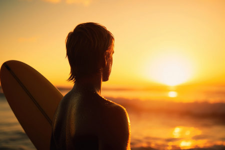 Beautiful surfer holds surfboard standing on sea beach ar sunset. Active lifestyle. Summer vacations. Created with Generative AIの素材