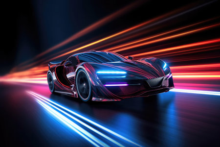 Car silhouette with motion blur effect. Futuristic sports car at night road with light effects. Supercar acceleration at night track with colored light trails. Created with Generative AIの素材