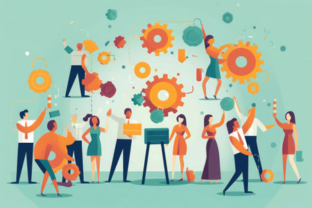 Business and teamwork concept. People installing gear mechanism with cogwheels. Partnership and cooperation. Created with Generative AIの素材