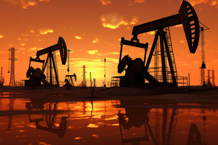 Silhouette of oil pumps at sunset. Pumping oil from drilling rigs. The concept of the energy crisis in the world. Oil production and fossil resources. Created with Generative AIの素材