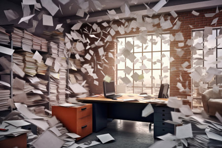 Clutter and chaos in office. Scattered documents fly over the workplace. Stress in business. Bureaucracy and paperwork. Created with Generative AIの素材