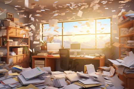 Clutter and chaos in office. Scattered documents fly over the workplace. Stress in business. Bureaucracy and paperwork. Created with Generative AIの素材