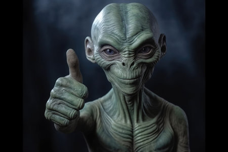Alien humanoid portrait on dark background. Extraterrestrial humanoid shows thumb up gesture. Friendly alien. Created with Generative AIの素材