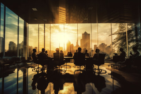 Silhouettes of business people meeting in conference hall. Businessmen teamwork planning strategy in office. Created with Generative AIの素材