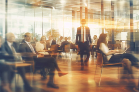 Silhouettes of business people meeting in conference hall. Businessmen teamwork planning strategy in office. Created with Generative AIの素材