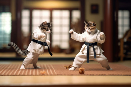 Two cats wearing kimono for martial arts at training. Kittens practicing kung fu or karate. Anthropomorphic fighters. Created with Generative AIの素材