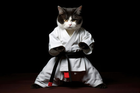 Cat wearing kimono for martial arts. Kitten practicing kung fu or karate. Anthropomorphic fighter. Created with Generative AIの素材