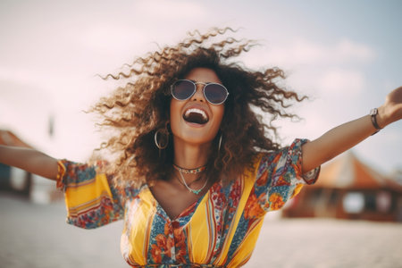 Portrait of happy woman in sunglasses, smiling and raising her hands. Woman enjoys life. Freedom and carelessness. Created with Generative AIの素材