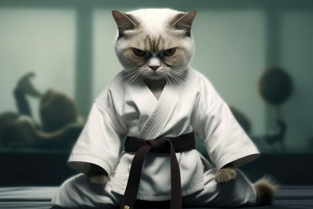 Cat wearing kimono for martial arts. Kitten practicing kung fu or karate. Anthropomorphic fighter. Created with Generative AIの素材