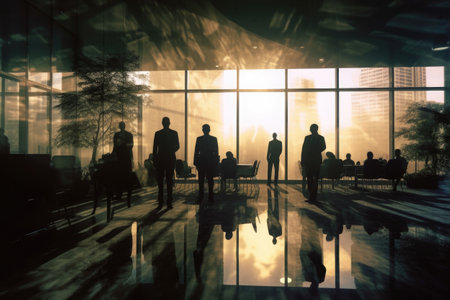 Silhouettes of business people meeting in conference hall. Businessmen teamwork planning strategy in office. Created with Generative AIの素材