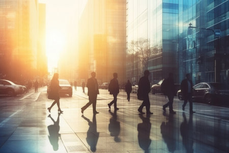 Silhouettes of group of people in downtown with motion blur effect. Crowd of people walking at city street. Unrecognizable people on the road. City life. Created with Generative AIの素材