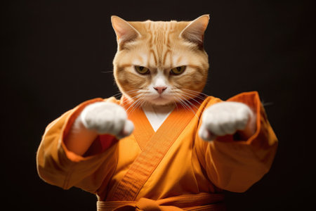 Cat wearing kimono for martial arts. Kitten practicing kung fu or karate. Anthropomorphic fighter. Created with Generative AIの素材