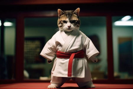 Cat wearing kimono for martial arts. Kitten practicing kung fu or karate. Anthropomorphic fighter. Created with Generative AIの素材