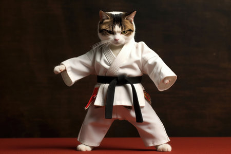 Cat wearing kimono for martial arts. Kitten practicing kung fu or karate. Anthropomorphic fighter. Created with Generative AIの素材