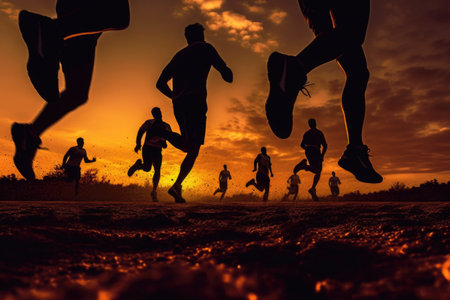 Joggers running on road. Runner silhouettes at sunset. Group of people jogging outdoors. Marathon athletes training. Sport activities. Created with Generative AIの素材