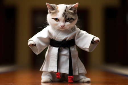 Cat wearing kimono for martial arts. Kitten practicing kung fu or karate. Anthropomorphic fighter. Created with Generative AIの素材