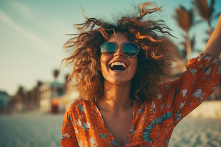 Portrait of happy woman in sunglasses, smiling and raising her hands. Woman enjoys life. Freedom and carelessness. Created with Generative AIの素材