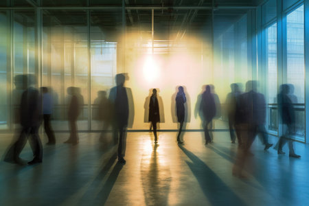 Silhouettes of group of people in business office with motion blur effect. Crowd of unrecognizable people walking in building with glass facade. City life. Created with Generative AIの素材