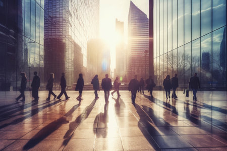 Silhouettes of group of people in downtown with motion blur effect. Crowd of people walking at city street. Unrecognizable people on the road. City life. Created with Generative AIの素材