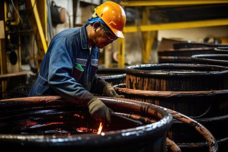 Man at work. Industrial worker maintains equipment at an industrial plant. Barrels of crude oil at an oil refinery. Created with Generative AIの素材