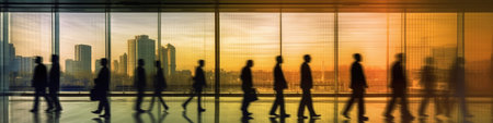 Silhouettes of group of people in business office with motion blur effect. Crowd of unrecognizable people walking in building with glass facade. City life. Created with Generative AIの素材