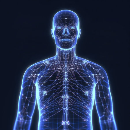 Human body silhouette with energy points for chinese medicine therapy. Male anatomical model on dark background. Health care and treatment. Created with Generative AIの素材