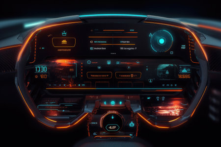 Futuristic autonomous vehicle cockpit. Interior of unmanned car cockpit with digital screens. Created with Generative AIの素材