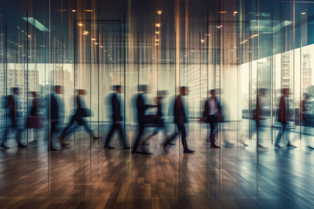 Silhouettes of group of people in business office with motion blur effect. Crowd of unrecognizable people walking in building with glass facade. City life. Created with Generative AIの素材