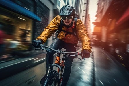 Male biker driving cycle at city street, motion blur effect. Created with Generative AIの素材