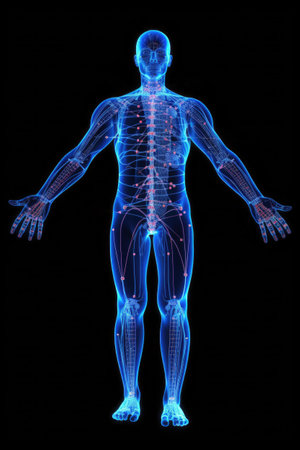 Human body silhouette with energy points for chinese medicine therapy. Male anatomical model on dark background. Health care and treatment. Created with Generative AIの素材