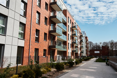 Modern residential complex in Gdansk, Poland. Living house facade with balconies. Apartment...