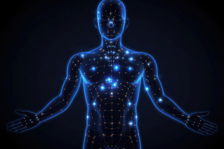 Human body silhouette with energy points for chinese medicine therapy. Male anatomical model on dark background. Health care and treatment. Created with Generative AIの素材
