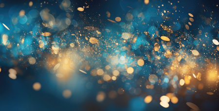 Background with abstract sparkles on blue background. Golden glitter particles on dark background. Abstract festive background. Created with Generative AIの素材