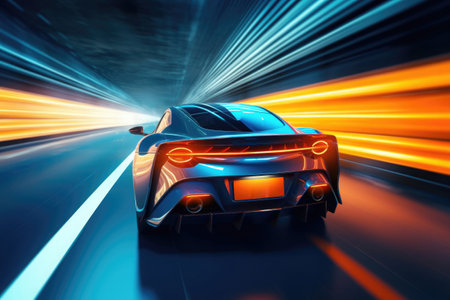 Car silhouette with motion blur effect. Futuristic sports car at night road with light effects. Supercar acceleration at night track with colored light trails. Created with Generative AIの素材