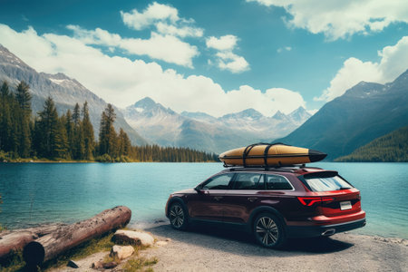Car with roof trunk parked near lake with mountains ranges. Summer roadtrip. Traveling on rental car. Vehicle in beautiful nature landscape. Created with Generative AIの素材