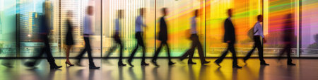 Silhouettes of group of people in business office with motion blur effect. Crowd of unrecognizable people walking in building with glass facade. City life. Created with Generative AIの素材