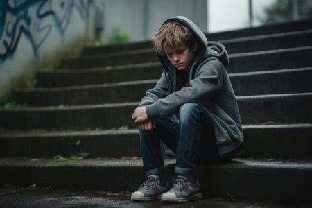Depressed school boy sitting alone at stairs. Victim of school bullying. Stress and mental problem in childhood. Created with Generative AIの素材