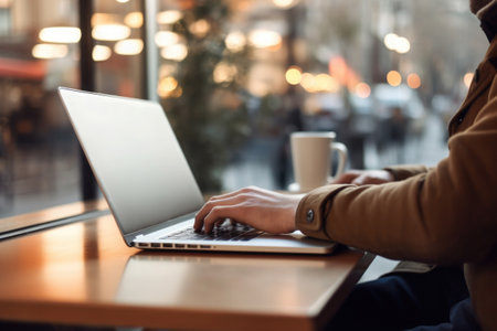 Hand typing on keyboard. Business man working in cafe, using laptop. Freelancer works remotely. Created with Generative AIの素材